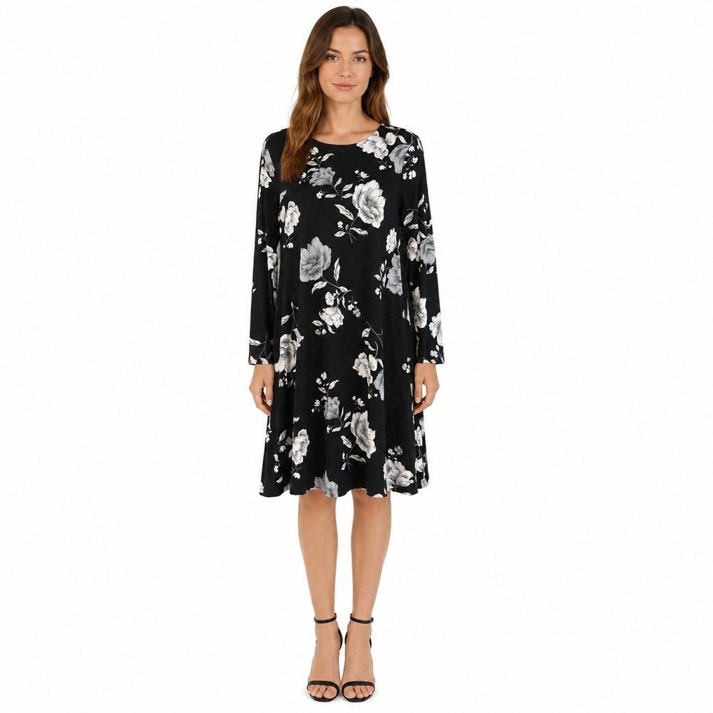 Old Navy Womens Black White Floral Long Sleeve Jersey Swing Mini Dress Small